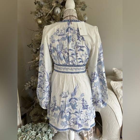 NWOT Caroline Constas Blue & White linen blend Tie Front Bell Sleeve Mini Dress - Picture 4 of 16